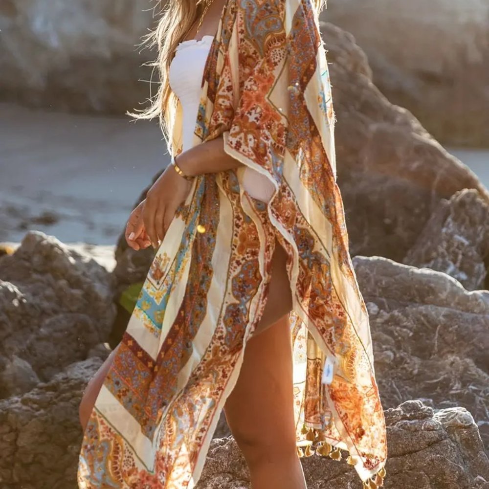 NWT Boutique Saffron Boho Tassel Blue Sunset Coral Kimono